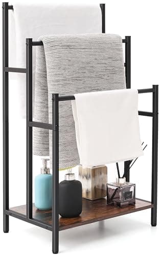 Freestanding Towel Rack Stand for Bathroom, 3 Tier Blanket Ladder Holder, Towel Drying and Display Rack with Shelf, Metal Blanket Rack, Farmhouse Rustic Brown and Black