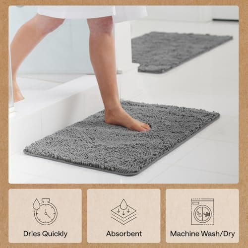 GORILLA GRIP Bath Rug Mat, Thick Soft Absorbent Chenille, Quick Dry Microfiber Mats, Rubber Backing Washable Shower Floor Rugs, US Designed Bathroom Bathmat Home Decor Accessories, 24x17, Grey 6