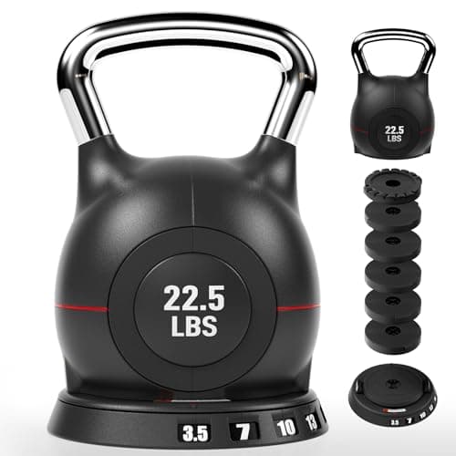 LIFERUN Adjustable Kettlebell Weight Set - 7 Weights from 3.5 to22.5 lbs, Quick-Change Handle for Home Gym, Space-Saving Design for Strength Training, Black
