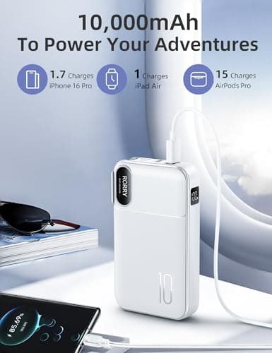 RORRY Portable Charger Built in Cables, AC Wall Plug In Portable Charger Power Bank 10000mAh Travel Battery Pack 22.5W Fast Charging for iPhone 17/16/15 Samsung Galaxy S24/S23/S22 Pixel LG iPad, White 5