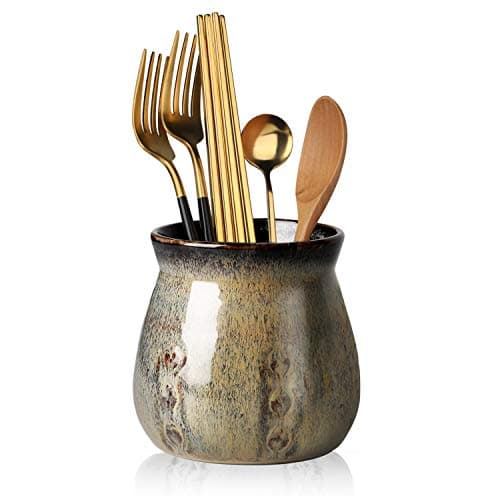 HAOTOP Ceramic Utensil Holder, Small Utensil Crock Ideal for Spoons, Forks and Knives, Easy to Clean 30 oz (Gradient Gray)