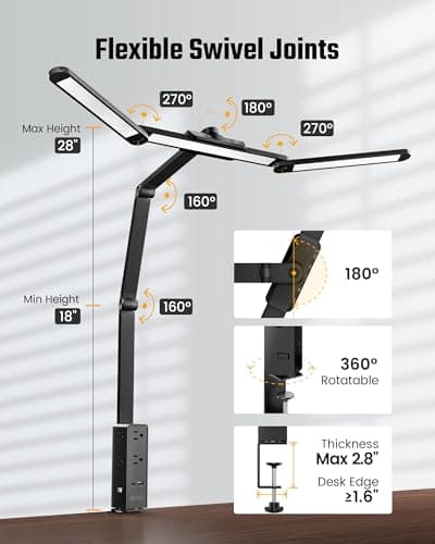 SUPERDANNY LED Desk Lamp with Power Strip (6 Outlets, 1 USB, 1 Type-C) for Home Office, 360° Swivel Architect Swing Arm Desk Clamp Lamp 3-Fold Desk Light Smooth Dimming 5 Colors Touch & Wave Control 6