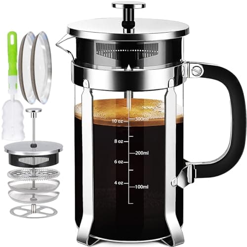 YMMIND French Press Coffee Maker 304 Stainless Steel Coffee Press,with 4 Filters System, Heat Resistant Thickness Borosilicate French Press Glass, BPA-Free Brewed Tea Pot Coffee Plunger(Copper 12oz)