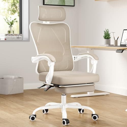 Farini Ergonomic Office Chair with Footrest, Mesh Office Desk Chair with Headrest, High Back Computer Chair with Adjustable Lumbar Support.for Home Office Study Room Bedroom (with footrest, Khaki)