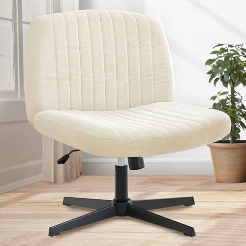 Orange Factory Criss Cross Chair No Wheel Wide Cross Legged Office Desk Vanity Chair Comfy Fabric Armless Adjustable Swivel for Home Computer Task (Beige)