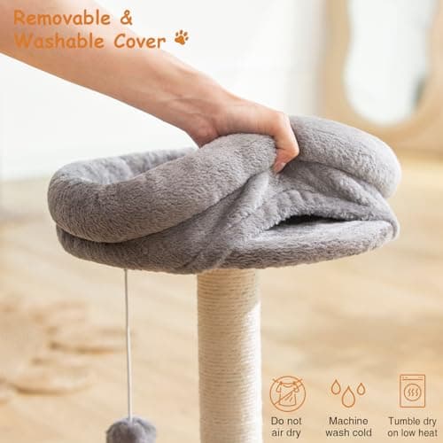 Goozii Small Cat Tree Tower with Scratching Post, Modern Kitten Tower for Indoor Cats, Short Carpet Sisal Cat Scratcher Stand with Large Bed Perch, Scratch Ramp, Toy Ball for Kitty Play (Grey) 5