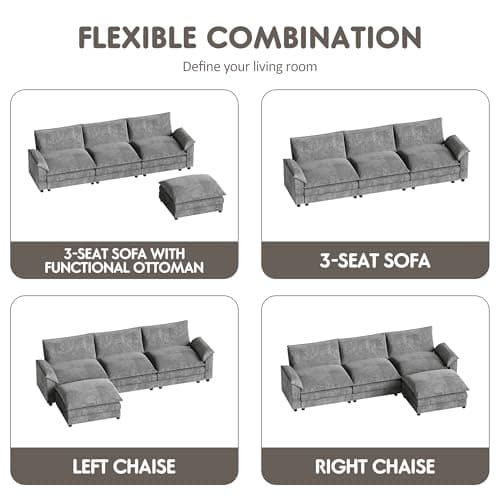 Homall 119" Modular Sectional Sofa, L Shaped Sofa Couch with Reversible Ottoman, DIY Combination Chenille Deep 3-Seat Cloud Couch for Living Room, Apartment (Light Grey, L Shaped Sofa) 6