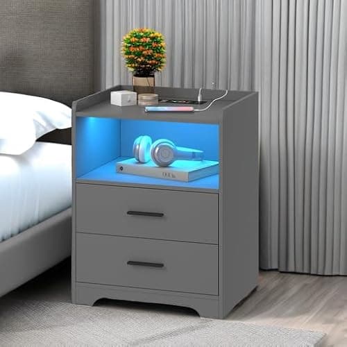 dnbss Grey Night Stand with Wireless Charging Station, Nightstand with 2 Drawers, Smart Bedside Table with 24-Color RGB Lighting, Modern LED Lighted Nightstand for Bedroom 6