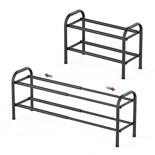 Gonfoam 2-Tier Expandable Shoe Rack,Adjustable Shoe Shelf Storage Organizer Heavy Duty Metal Free Standing Shoe Rack for Entryway Closet Doorway (Black)