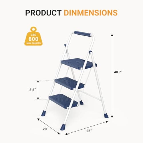 NEWBULIG 3 Step Ladder, Collapsible Step Stool with Safety Lock, Anti-Slip Rubber Feet, Lightweight Portable Ladder for Home Office Garage, Blue 7