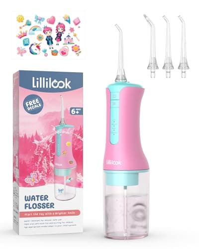 Lillilook Kids Water Flosser Pink, Rechargeable Oral Irrigator for Kids Aged 6+, 4 Modes, 3 Jet Tips, Fun Stickers, Safe and Gentle Oral Care