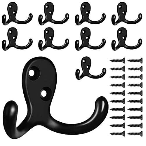 CBWLWJ 10 Pack Coat Hooks Wall Hooks for Hanging, Heavy Duty Double Prong Metal Hook Wall Mounted for Living Room, Bathroom, Kitchen, Bedroom for Coat, Bag, Scarf, Towel, Hat, Key, Cup (Black)
