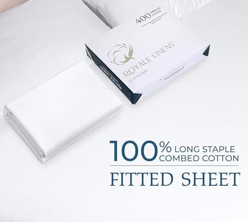 Royale Linens 400 Thread Count 100% American Grown Cotton Fitted Sheet King Size - All Around Elastic Fitted Sheet - Luxury Sateen Weave - Snug Fit Bottom Sheet Fit Up to 16" (King, Signature White) 9