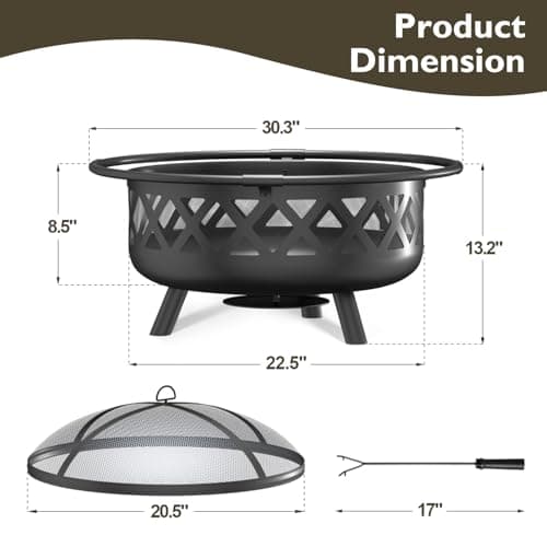 Aoxun Outdoor Fire Pit 30in Firepit with Spark Screen for Outside Wood Burning Outdoor Fireplace with High Thermal Efficiency, Poker for Bonfire Backyard Garden Patio 6