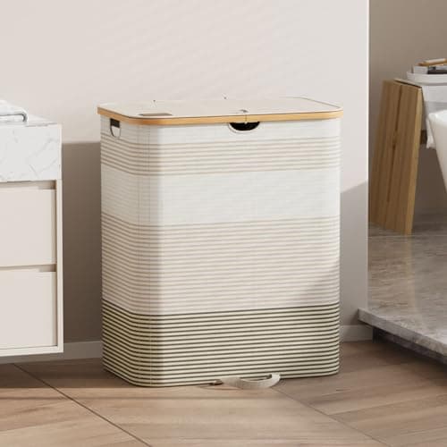 XLHOMO Double Laundry Hamper with Lid and Removable Bags, 150L Large Collapsible 2 Dividers Dirty Clothes Basket with Handles, Beige Double Laundry Basket Organizer for Bedroom,Laundry Room,College 9