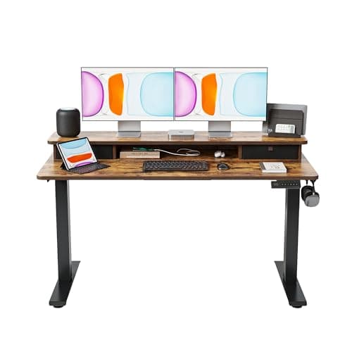 BANTI 55x24 Inch Electric Standing Desk with Dual Drawers, Height Adjustable Stand Up Table, Sit Stand Home Office Desk with Storage Shelf, Black Frame/Rustic Brown Top