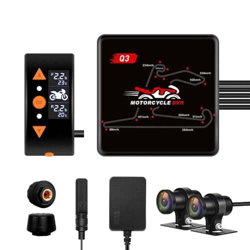 VSYSTO WiFi Motorcycle Dash Cam, OLED Display Wired Controller, Tire Pressure Sensors, Parking Monitoring, Waterproof GPS HD 1080P SONYIMX307 150° Wide Angle Front & Rear Camera DVR (Black-Q3D)