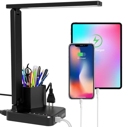 cozoo LED Desk Lamps for Home Office, Modern Dimmable Eye Caring Desk Light with USB Charging Ports AC Outlet, Pen Holder,Touch/Memory/Timer, Kids Small Table Lamp for Reading, Bedroom, Study, Craft