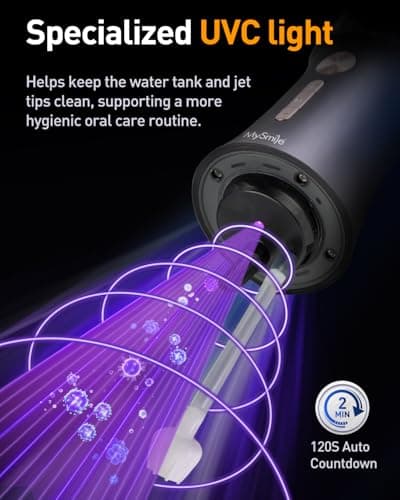 MySmile LP221 Cordless Water Flossers for Teeth with UVC Light Sanitizer and OLED Display, 335ML 4 Modes Water Teeth Cleaner Picks for Teeth Cleaning and Water Flossing (Midnight Black) 5