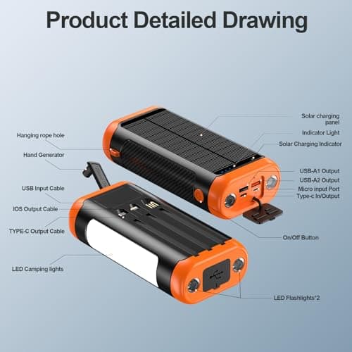 DJKK Solar Power Bank Portable Charger:66800mAh Built in Hand Crank and 3 Cables 22.5W Fast Charging Phone External Battery Pack(5 Outputs & 5 Inputs) with Camping Flashlights/Table Lamp/Compass 7