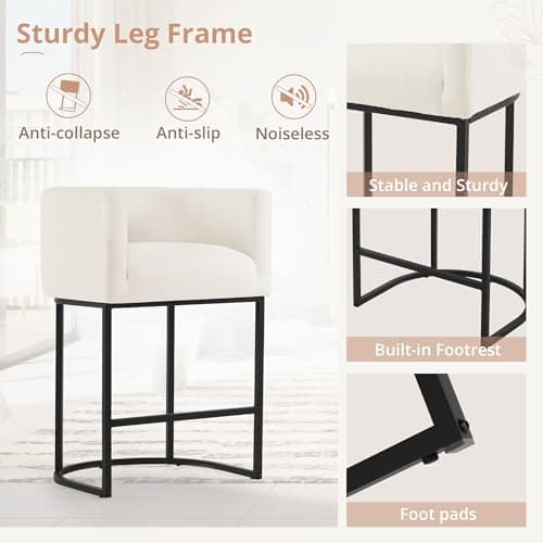 LUE BONA 27" H Counter Height Bar Stools Set of 2, Modern Barrel Counter Stools with Backrest and Arms, Black Metal Frames, Linen Fabric Upholstered Accent Barstools for Kitchen Island, Beige 7