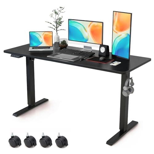 Electric Standing Desk Adjustable Height - Rolling Sit to Stand Desks on Wheels - Mobile Standup Computer Table 55 Inch Black One Piece Desktop and Rising Frame with Storage for Home Office & Gaming
