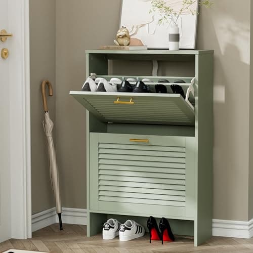 Glavbiku Shoe Storage Cabinet with 2 Flip Drawers, Louvered Shoe Cabinet for Entryway, Narrow Hidden Storage Organizer Space Saving, Shoe Rack Cabinet for Hallway Foyer, Green