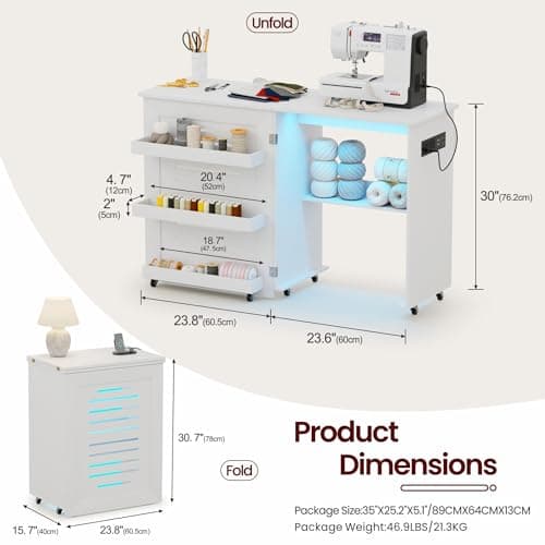 Lvifur Folding Sewing Table - with Storage, Lighted Sewing Cabinet with Charging Station, Farmhouse Sewing Desk with Motion Sensor Lights, Cutting Table with 3 Storage Trays,6 Wheels,White 6