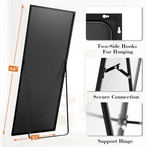 NEWBULIG Full Length Mirror 59.2"x16" for Bedroom, Full Body Mirror with Stand, Hanging or Leaning for Wall, Aluminum Alloy Thin Frame Floor Standing for Living Room, Long, Black 7