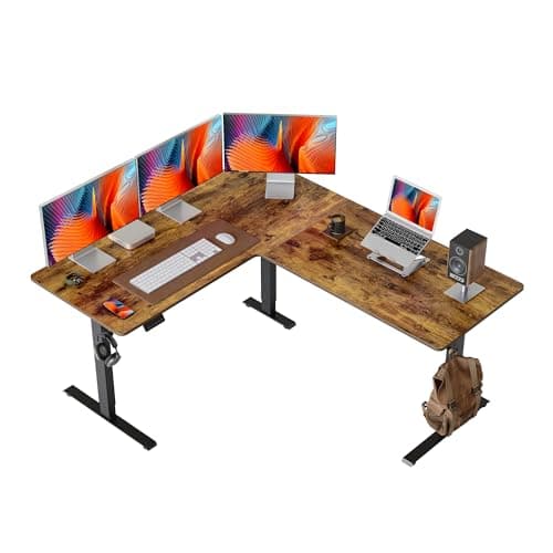 FEZIBO 63" L Shaped Standing Desk - Adjustable Corner Standing Desk L Shape, L-Shaped Adjustable Table with Splice Board, Vintage-Brown