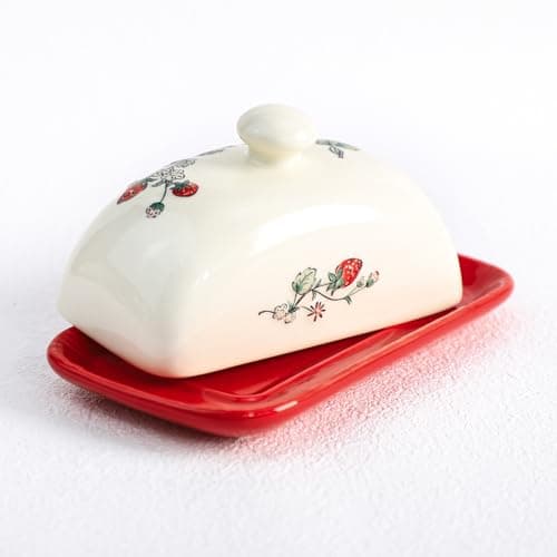 Bicuzat Ceramic Butter Dish with Lid Butter Keeper Butter Plate Tray for Kitchen Countertop Embossed Strawberry Pattern Butter Crock Keeper Saver 6
