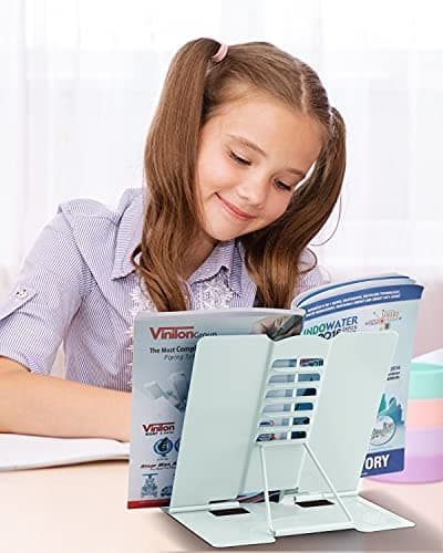 MSDADA Desk Book Stand Metal Reading Rest Book Holder Angle Adjustable Stand Document Holder Portable Sturdy Lightweight Bookstands-Textbooks Tablet Music Books Cook Recipe (Macaron Green) 8