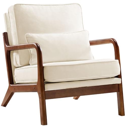 Sweetcrispy Accent Mid Century Modern Chair with Pillow, Upholstered Lounge Armchair, Linen Fabric Comfy Reading Chair with Wood Frame for Living Room, Bedroom, 1 Set, Beige