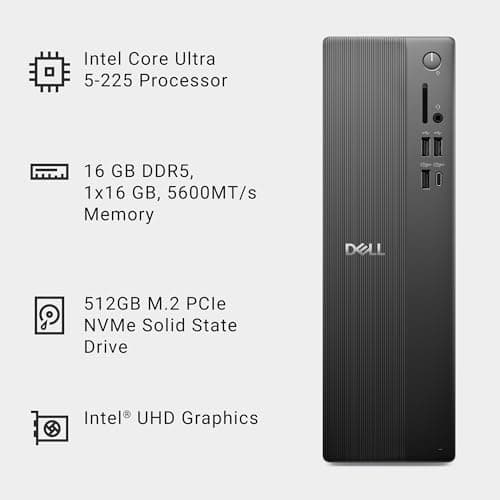 Dell Slim Desktop ECS1250 - Intel Core Ultra 5-225 Processor, UHD Graphics, 16GB Memory, 512GB M.2 SSD, 3.0 SD Card Reader, Wired Keyboard and Mouse, Windows 11 Home, Onsite+Migrate Service 9