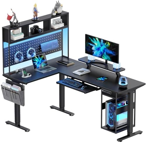 Flycity Electric L Shaped Standing Desk Adjustable Height, 67" x 47" Corner Computer Desk with Host Shelf, Gaming Desk with LED Lights & Power Outlet, Dual Motor Home Office Desk with Storage, Black