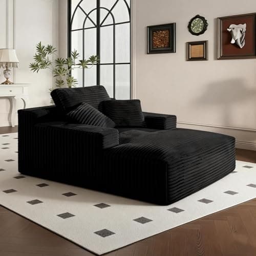 68" Chaise Lounge Chair Indoor, Corduroy Upholstered Boneless Sofa Bed, Deep Seat Sleeper Couch Reading Chairs, Oversized Comfy Cloud Sofas Couches for Living Room, Bedroom (Black, Oversized)