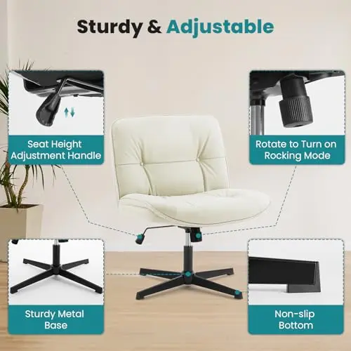 OLIXIS Criss Cross Legged Chair No Wheels Armless Wide Seat Adjustable Height Swivel Thick Padded PU Leather Comfortable Home Office Desk Seating 6