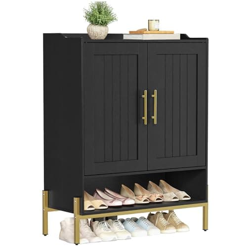 HOOBRO Shoe Cabinet, 5-Tier Shoe Storage Organizer with Doors, Wooden Shoe Cabinet Storage for Entryway, Freestanding Shoe Rack Cabinet with 3 Adjustable Shelves for Hallway, Gold and Black DB41SC01