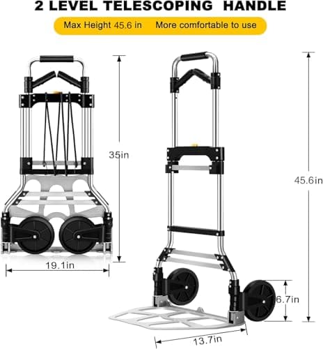 330 LB Capacity Folding Hand Truck Dolly Cart, Portable Aluminum Dolly Cart with Telescoping Handle and Rubber Wheels for Moving,Shopping,Travel,Office Use. 5