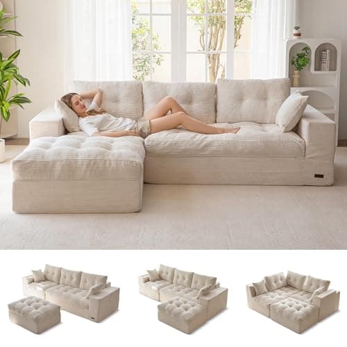 MAXYOYO 104" L Shaped Modular Sectional Sofa with Ottoman, Cloud Boneless Couch with Layered Cushion, Upholstered Sofa in a Box, Flexible Module Combination for Living Room, No Assembly, Beige