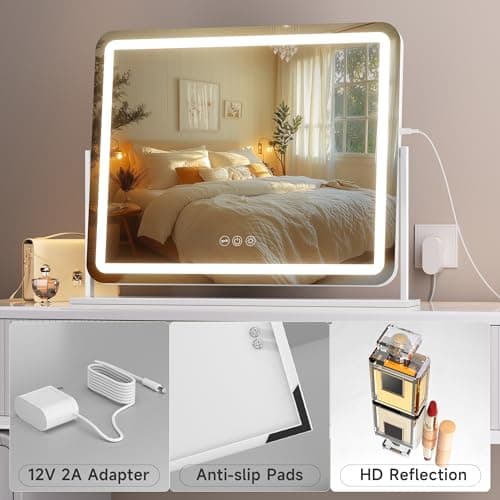 Hasipu Vanity Mirror with Lights, 22" x 18" LED Makeup Mirror, Light up Mirror with Smart Touch 3 Colors Dimmable, Brightness Adjustment, 360° Rotation (White) 6
