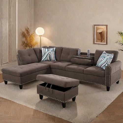 ChicFurnit L Shaped Sectional Couches, Modular Sectional Sofa with Ottoman Storage, Nail-Head Design Lounge Sofa with Reversible Cup Holder for Living Room, Bedroom, Brown