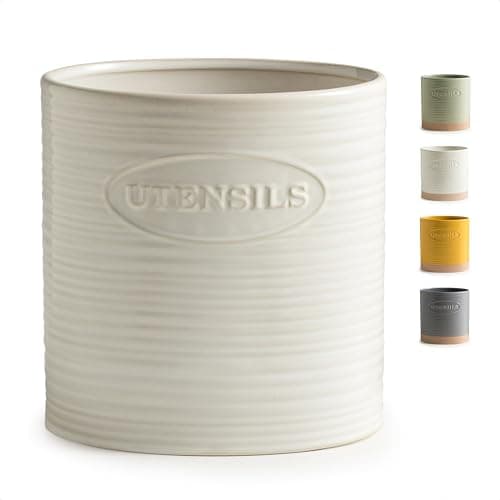 YHOSSEUN Utensil Holder for Kitchen Counter, Ceramic Cooking Utensil Holder for Countertop, 6.7in Oval Utensil Crock Spatula Holder Farmhouse Kitchen Decor, White