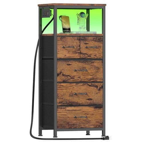 Furnulem Dresser for Bedroom, Tall Nightstand, Vertical Chest with Wood Top, Charging Station, LED Lights, 5 Fabric Bins, Bedside Table with Shelf, Furniture for Entryway (5 Drawer, Rustic Brown)