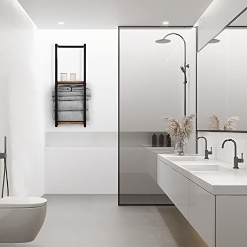 Stylish Bathroom Towel Storage Rack with Wooden Shelves – Modern & Space Saving Organizer for Wall Mount That Easily Holds 8 Large Towels - The Perfect Towel Holder To Enhance Your Bathroom Decor 8