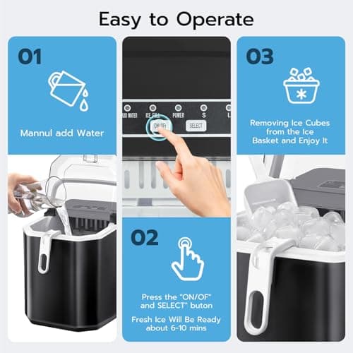 ZAFRO Countertop Ice Maker, 26Lbs/24H, 9 Bullet Cubes in 6 Mins, Self-Cleaning Portable Ice Machine with 2 Ice Sizes (S/L), Quiet Compact Design, Double Handles, for Home, Party, RV, Camping, Black 6