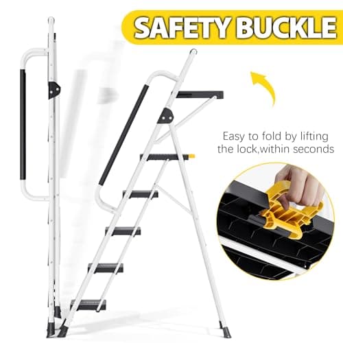 KINGRACK Folding 5-Step Ladder, 800 lbs Capacity Step Stool with Safety Lock, Tool Tray, Non-Skid Wide Steps, Handrail, Household Folding Ladder for Home, Garden, Painting, Outdoor, and Garage, White 5