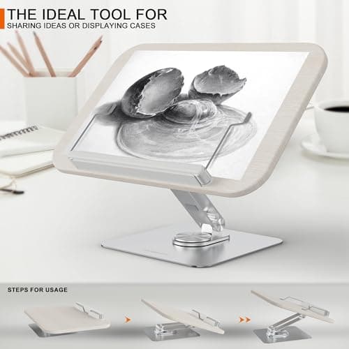 HARRYFIT Book Stand for Reading, 360° Rotate & Multi Heights Adjustable Book Holder,Foldable Cookbook Book Stands with Elastic Page Clips for Sheet Music, Recipe, Laptop, Textbook (Light Wood) 7