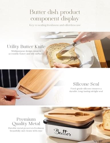 Butter Dish with Lid: Butter Dish for Countertop- AISBUGUR Metal Butter Keeper with Stainless Steel Multipurpose Butter Knife,Large Butter Container with Silicone Home Decor Kitchen Gift White 5