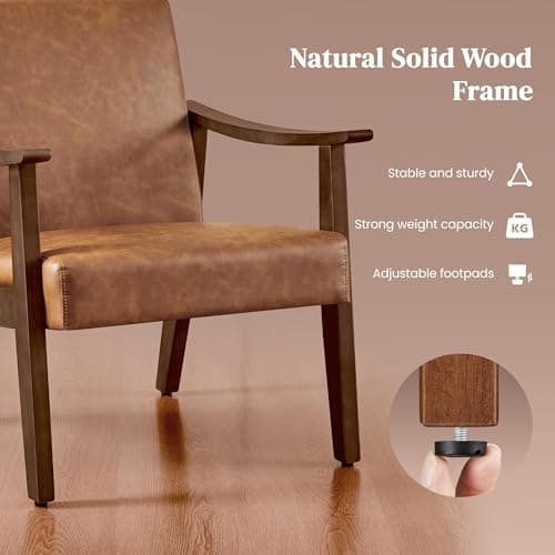 Yaheetech PU Leather Accent Chair, Mid-Century Modern Armchair with Solid Wood Legs, Reading Leisure Chair with High Back for Living Room Bedroom Waiting Room, Set of 2, Brown 7